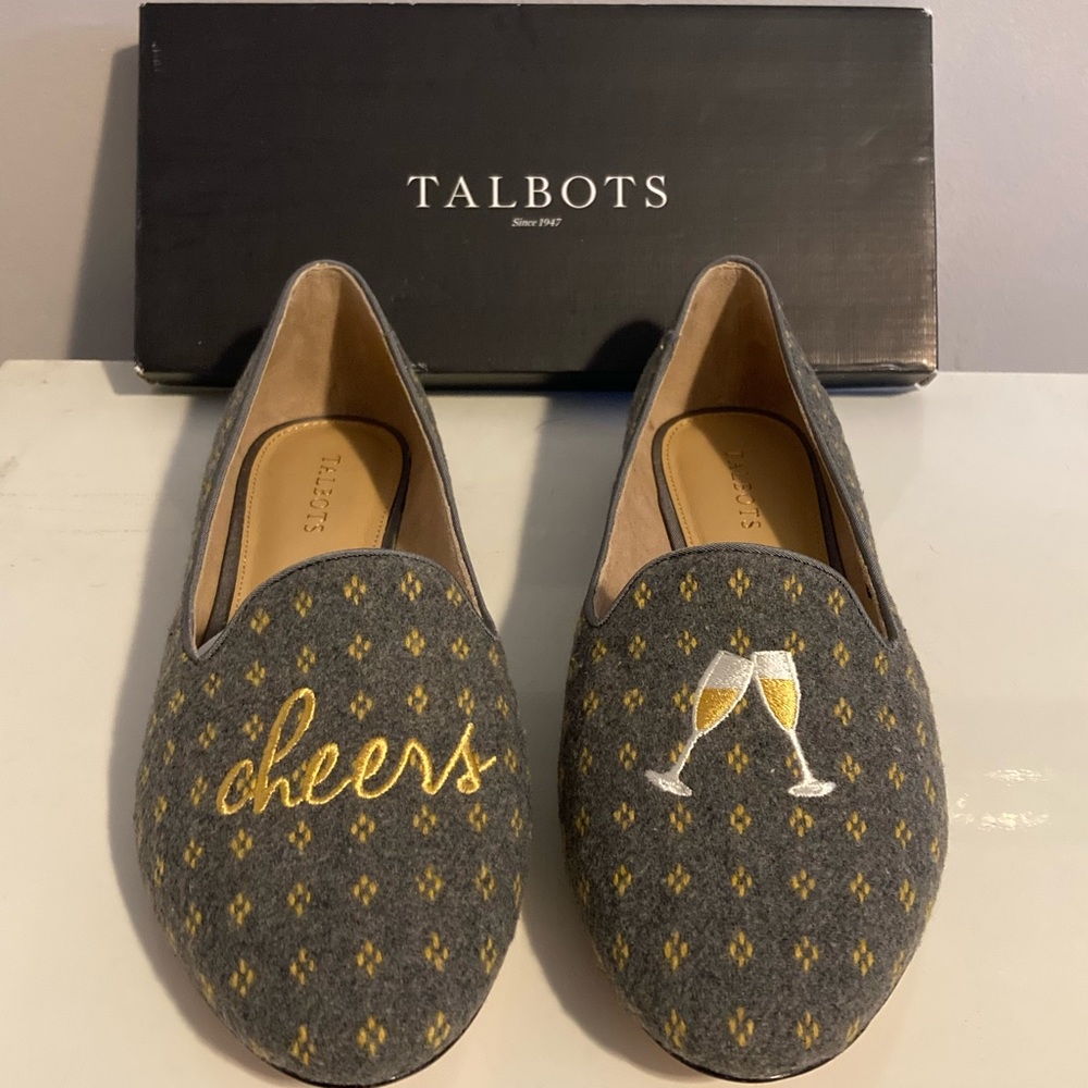Talbots Grey/Warm Gold Ryan Novelty Flat “Cheers” Size 11